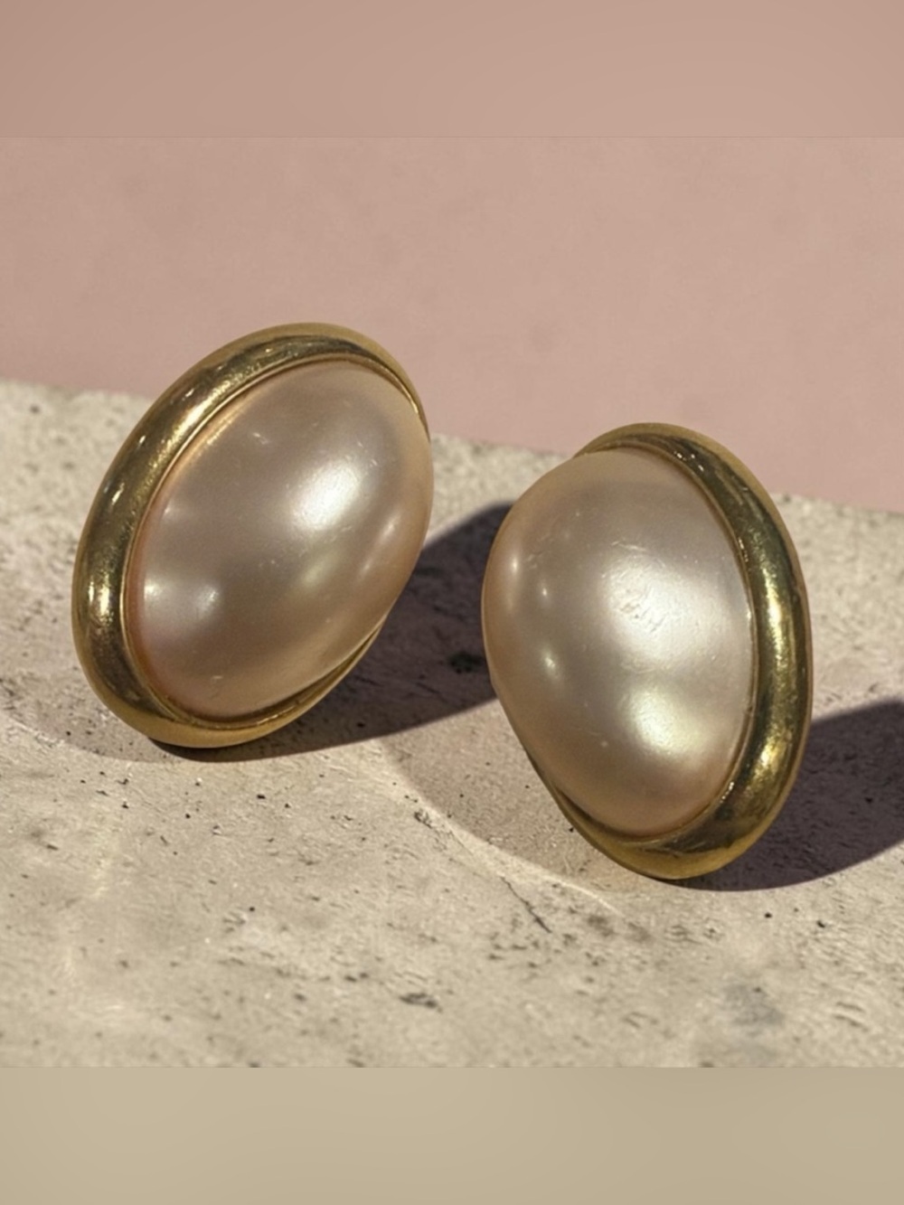 Trifari Signed Gold & Blush Pink Clip On Earrings Vintage